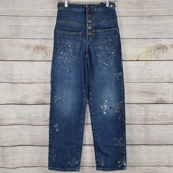 Zara Paint Splatter High Rise Cropped Painter Wide Leg Jeans Size 0 NWT - Picture 2 of 10